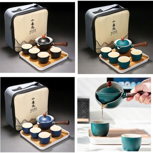 Ceramic Gongfu Kung Fu Tea Set Cup Filter Teapot With Wooden Handle Side-handle Automatic Spinning Pot Travel Outdoor Teaware
