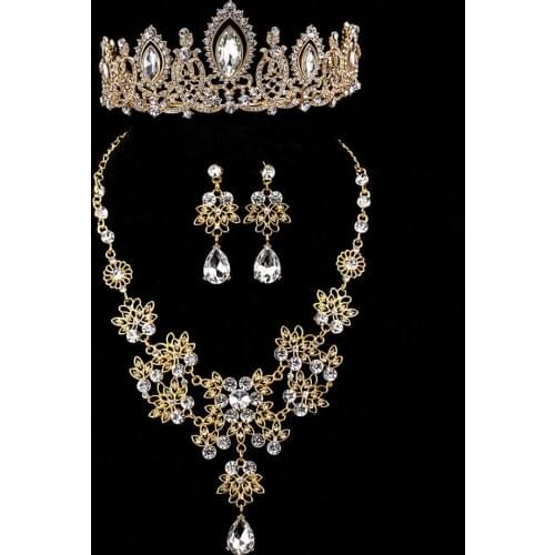 KMVEXO 3PCS Luxury Water Drop Crystal Bridal Jewelry Sets Wedding Crown Tiaras Earrings Necklace Set African Beads Jewelry Set