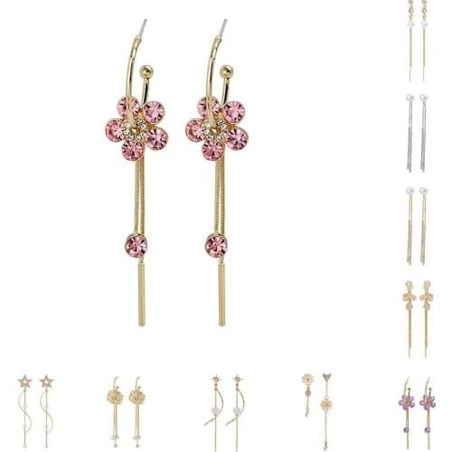KPOP Crystal Star Flower Pendant Tassel Earrings For Women Girls Fashion Rhinestone Charms Stud Ear Jewelry Party Gifts