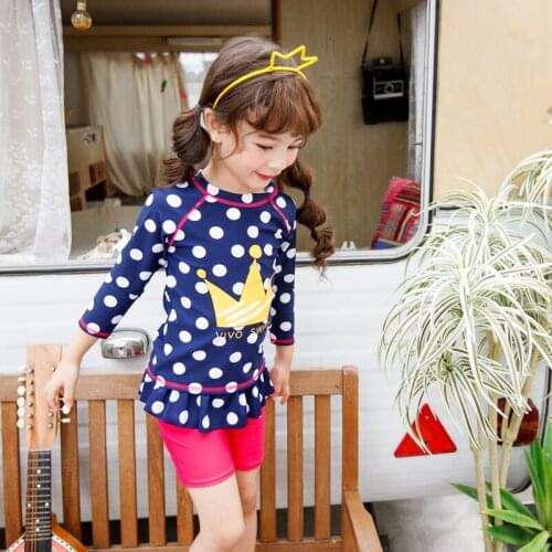 Girls Swim Suit 3-piece white dot Set Long Sleeve Swimming Kids Swimwear Rash Guard UV Sun Protection UPF50+ 90cm - 140cm pink