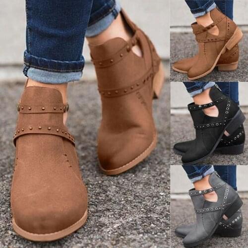 2021New Elegant Women Suqare Heels Zipper Rivets Short Boot Solid Color Hollow Single Shoes Plus Size 35-43