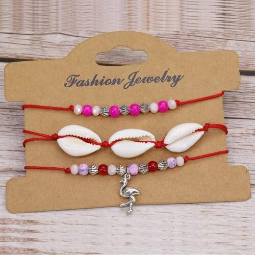 New 3 PCS Ethnic Braided Bracelet with Flamingo Shell Crystal Stone Beads Decor Adjustable Length Wrist Jewelry Set NOV99
