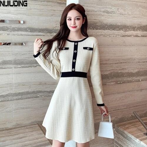 NIJIUDING 2020 Autumn New Casual Patchwork Knitting Cotton Dresses Womens Single-breasted Receive Waist O-Neck Mini Dress Lady
