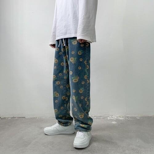 Fall 2021 fashion pants casual Daisy print jeans HIP HOP mens baggy straight pants popular logo