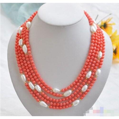 Wholesale Natural 5row 21 "Pink Coral Pearl White Baroque Pearl Necklace