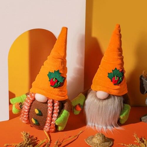 Harvest Festival Ornament Plush Handmade Gnome Dwarf Doll Christmas Orange Hat Pumpkin Faceless Doll For Home Party Props