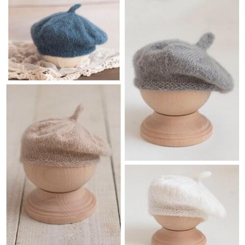 Neonatal photography props hand-woven mohair beret cap baby photo children hat cotton soft pure color