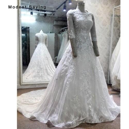 Sexy Sheer Ivory Lace Wedding Dresses 2018 with Crystal Beaded Bridal Gowns Formal vestidos de noiva 3/4 Sleeves robe de mariee