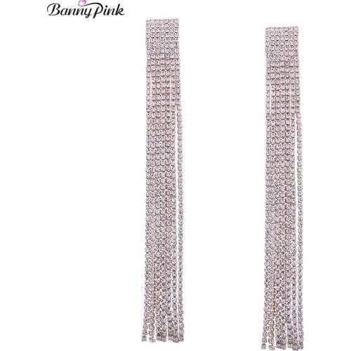 Luxury Multi Rhinestone Tassel Studs Earrings For Women Chunky Crystal Long Chain Post Earrings Fashion Bridal Jewelry Pendiente