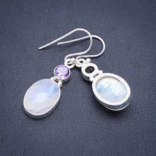 Natural Rainbow Moonstone and Amethyst Handmade Unique 925 Sterling Silver Earrings 1.5" A2183