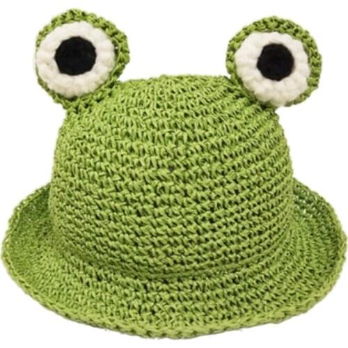 Toddler Kids Straw Hand-Woven Summer Sun Hat Cute Cartoon Frog Eyes Wide Brim Sunscreen Foldable Beach Panama Fisherman Cap Y1AC