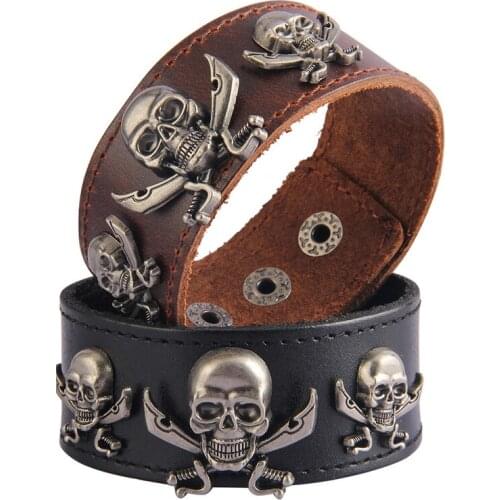 Medieval Cosplay Accessories Gothic Punk Vintage Skull Bracelet Brown Pirate Skeleton Charm Wide Leather Bangle Belt Wristbands