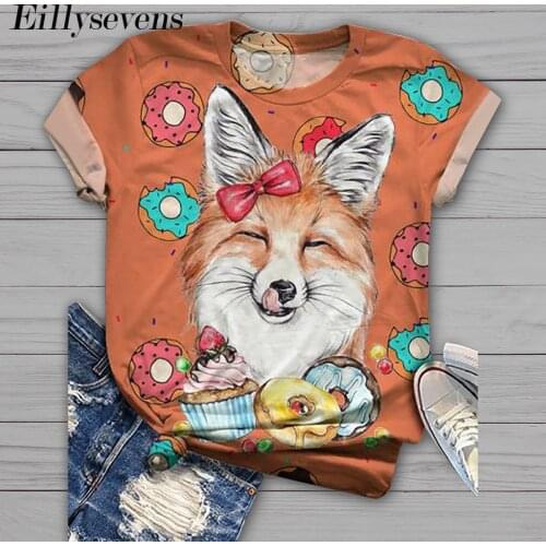 Cartoon Funny Cow Cat Fox Cat Print Tee Plus Size Women Short Sleeve 3d Animal Printed T-shirt Summer 2020 O-neck Tops Tee Lady