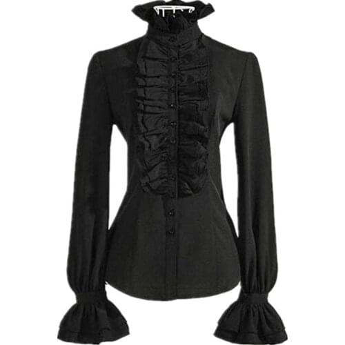 Gothic Punk Style High Ruffle Collar Jabot Blouse For Women Button Shirt Ruched Slim Fitted Top Victorian Theater Costume Lady