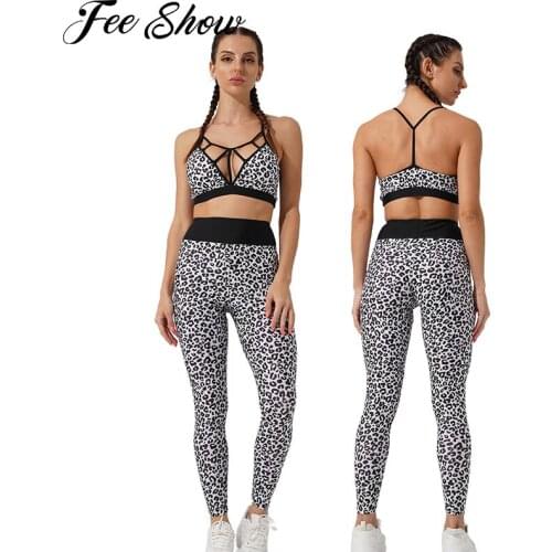 Women Summer Yoga Running Sets Casual Stripe/Leopard/Camouflage Gym Outfit Strappy Padded Sport Bra Top with High Waist Leggings
