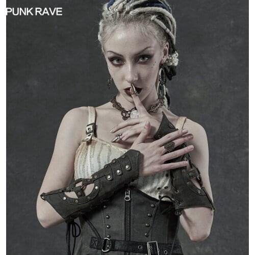 PUNK RAVE Womens Steampunk Cut-out Long Gloves Personality Handsome Adjustable Eyelet Wearing Rope Halloween Cosplay Gloves