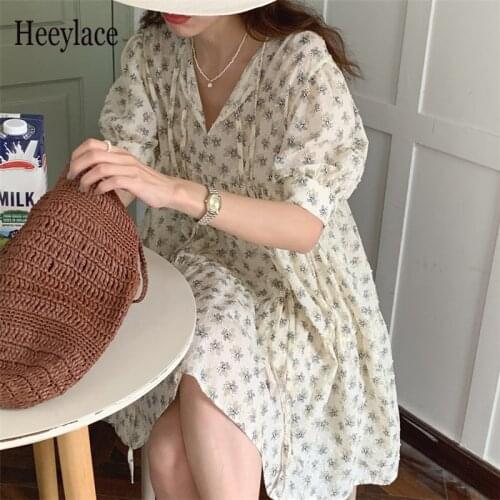 New 2021 Women Summer Dress V-Neck High Waist Sweet Printed Floral Vintage Korean Style Wild Lady Female Elegance Mini Dresses