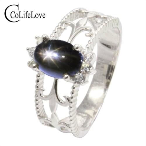 100% natural star light sapphire ring 2 ct 6 mm * 8 nn high quality star light sapphire silver ring 925 silver sapphire jewelry