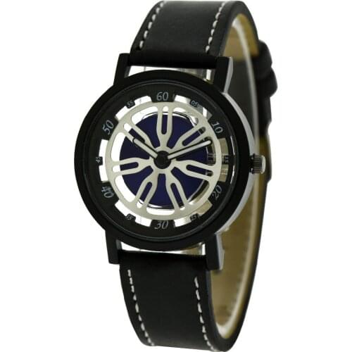 100pcs/lot viser big round dial leather watch hollow out case men wristwatch wrap quartz dress watch black strap casual watch