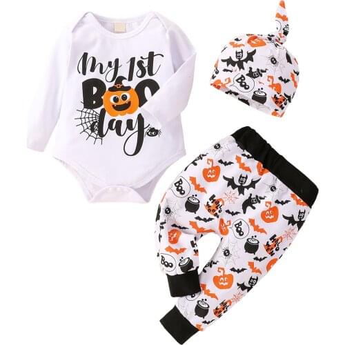 Newborn Kids Clothes Cartoon Halloween Printed Long Sleeve Romper Long Pants Hat 3Pcs Cotton Clothing Sets For Boys Girls 0-12M