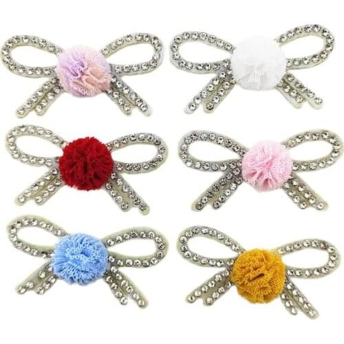 30Pcs/Lot 5*2.5CM Diamond Bowknot With Ball Appliques For Craft Clothes Bag Shoe Decoration DIY Hair Clip Accessories Patches