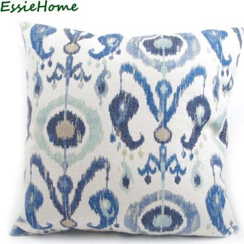 ESSIE HOME Factory Direct Sell High-End Hand Print Light Blue Ikat Pattern Pillow Case Cushion Cover For Sofa Vintage Look Home