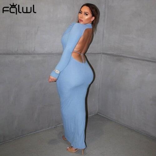 FQLWL Ribbed Sexy Club Bodycon Long Sleeve Dress Women Turtleneck Knitted Backless Maxi Dress Ladies Party Blue Wrap Dresses
