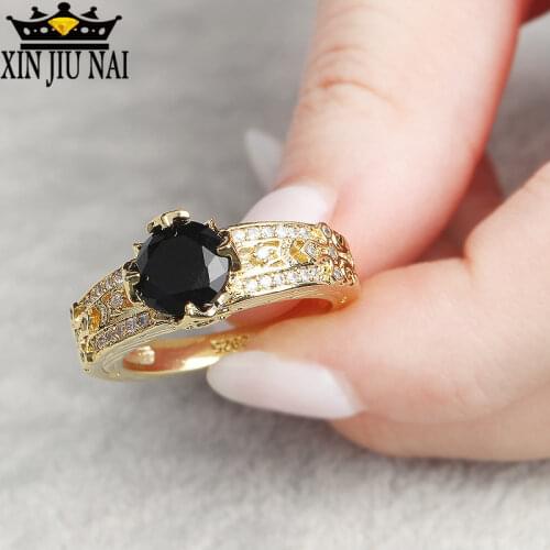 Hot Selling Black Onyx 18K Gold Zirconium Blue Stone Gold Color Rings For Women Man Party Wedding Ring Hang Jewelry Size 5-12