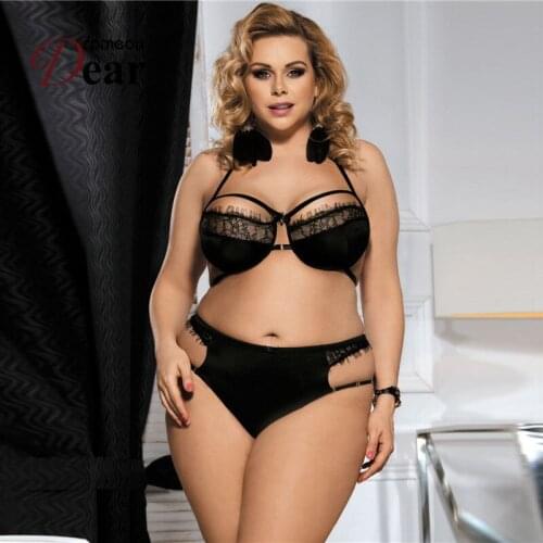 Comeondear 2021 Summer New Black Sexy Eyelash Lace Strappy Hanging Neck Bra Set Lingerie Plus Size For Womens Underwear RB80294