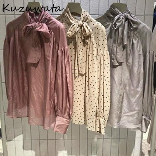 Kuzuwata Spring Autumn Sweet Puff Sleeve Design Femme Blusas New Chic Bow Drawstring Pleated Shirt Japan Style Women Blouse