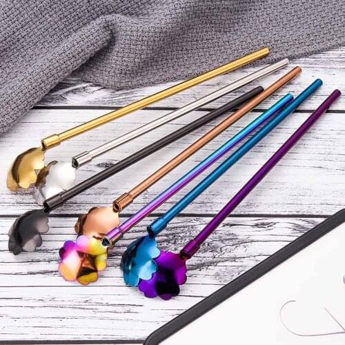 Reusable Metal Drinking Straw Spoon 304 Stainless Steel Coffee Tea Milk Stirring Sakura Spoon Straws Bar Kitchen Accessories