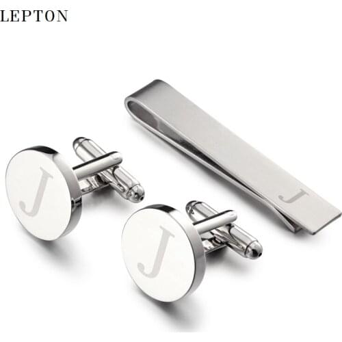 Hot Sale Round Letters J Cufflinks for Mens Silver Color Letters J of alphabet Cuff links & Tie Clip Set Men Shirt Cuffs Button