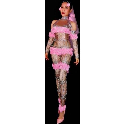 Womens New Fashion Pink Flowers Jumpsuit Rhinestones One Piece Big Stretch Costume Birthday Outfit Stage Singer Dance Show Wear