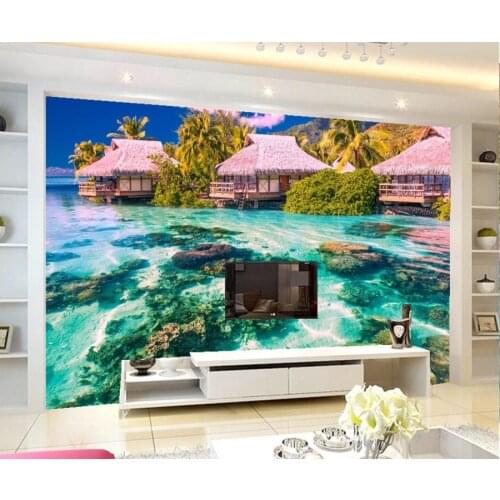 Papel de parede Sea Tropics Bungalow Nature wallpapers,hotel kitchen living room tv background sofa wall kids room 3d murals