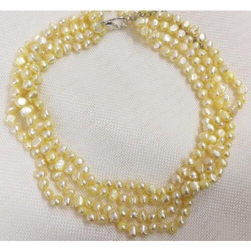 4 rows 9mm light yellow baroque flat pearl choker necklace natural freshwater pearl Woman Jewelry 14'' 35cm 43cm 17