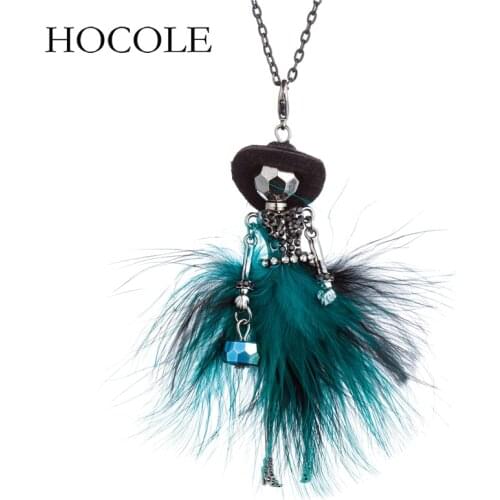 Rhinestone Green Fur Dress Doll Long Chain Pendant Necklace For Women Cool Black Hat Paris Girl Statement Jewelry Collier Femme