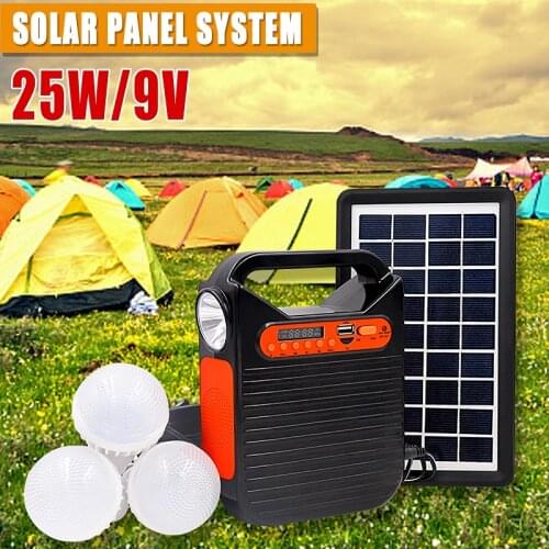Portable 25W Rechargeable Solar Panel Power Storage Generator System USB Charger with FM Radio 3 LED Bulbs Light for Outdoor