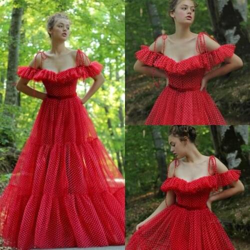 Red Evening Dresses With Dot Off The Shoulder A Line Simple Fairy Prom Dress Party Wear Custom Made Formal Gowns Robe De Soiree
