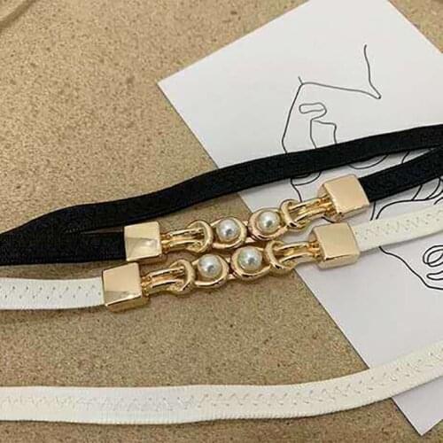 Fashion Double Pearl Belt Accessories Dress Skirt Waist Elastic PU Leather Double Pearl Belt Thin Belts Ladies Waistband