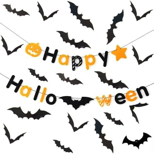 Happy Halloween Banner with 12pcs PVC 3D Decorative Scary Bats Wall Decal Wall Sticker Halloween Theme Party Decorations
