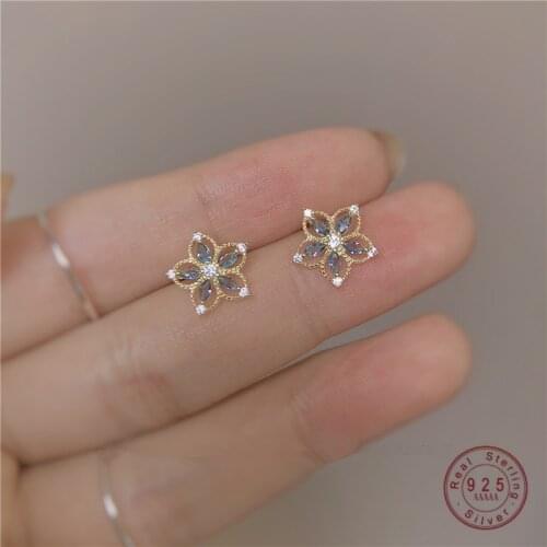 925 Sterling Silver Japanese Hollow Crystal Flower Plating 14k Gold Stud Earrings Women Fashion Small Fresh Banquet Jewelry
