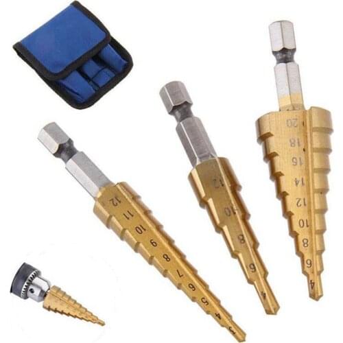 3pcs HSS Steel Titanium Step Drill Bit 3-12mm 4-12mm 4-20mm Step Cone Cutt Tools Woodworking Wood Metal Drill Bit Set#291632