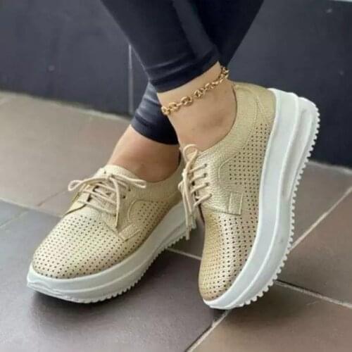 2021 Womens Boutique Pure Color PU Simple Hollow Lace-up Flat-heeled Platform Comfortable and Fashionable All-match Sneakers
