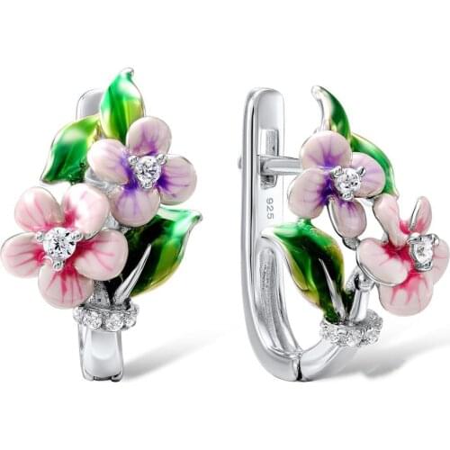 Fashion Enamel Pink Purple Flower Dangle Earrings for Women Elegant Temperament Bright Zircon Blooming Earrings Wedding Jewelry