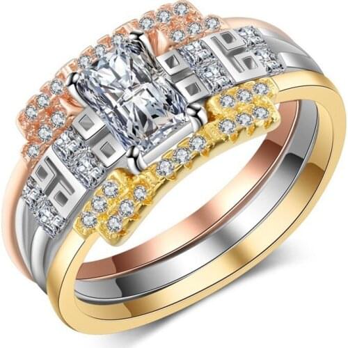 Ofertas 3pcs/set Geometric Zircon Inlaid Crystal Couple Ring for Women Men Banquet Fashion Ring Jewelry Free Shipping Size 5-12