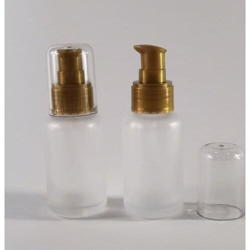 12 x Refillable Empty 50ml Frost Round Glass Cream Shampoo Bottle With Gold Pump 50cc Lotion pump Glass Containers