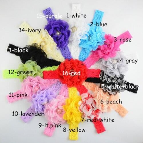 16pcs/lot 16 Colors 15" Woman Chiffon Flower Hair Bows With Lace Headband Girls Hair Accessories FDA94