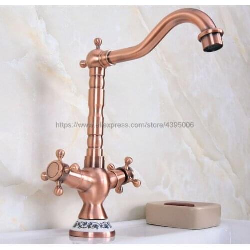 Antique Red Copper Bathroom Sink Faucet Basin Mixer Tap Double Cross Head Handle Single Hole Hot and Cold Water Bnf613