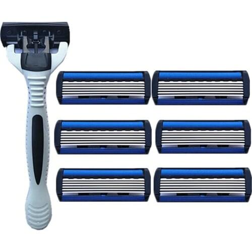 Razor 6Layers Shaver Razor 1 Razor Holder + 7 Blades Head Cassette Shaving Razor Set Blue Body Face Hair Removal Knife Women Men