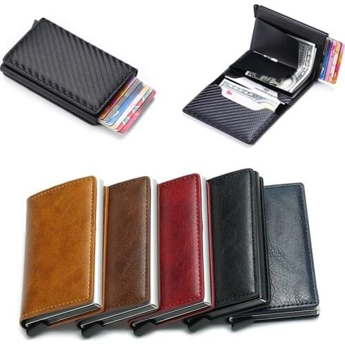 Q Carbon Fiber RFID Credit Card Holder PU Leather Bank Card Wallet Automatically Metal Aluminum Business Mini ID Card Purse